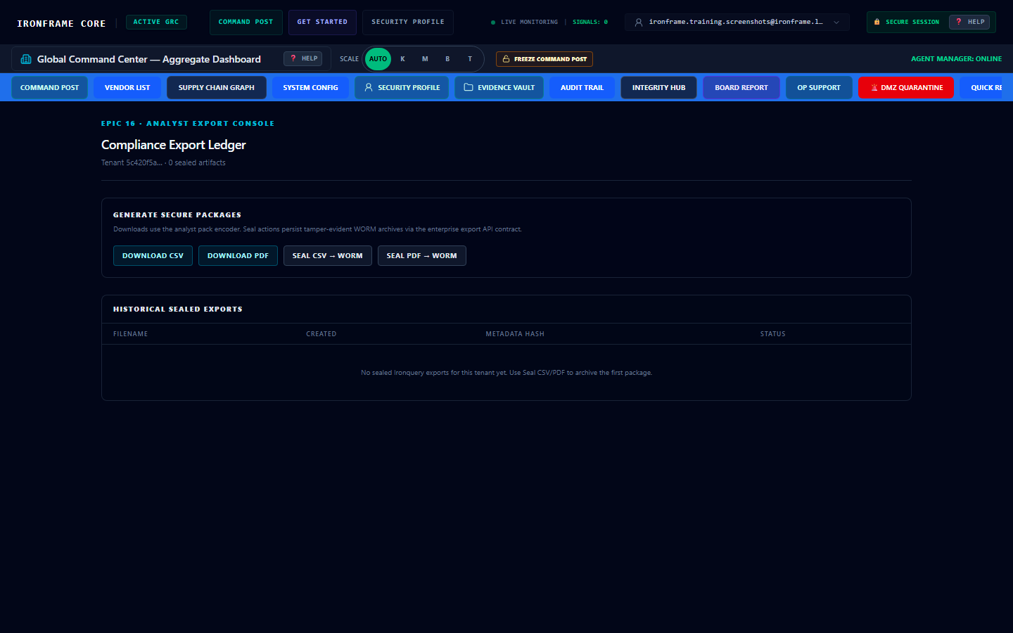 Analyst Export Console at /dashboard/exports